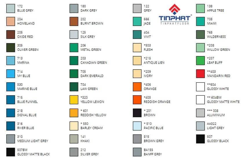 Bảng màu sơn epoxy benzo chung